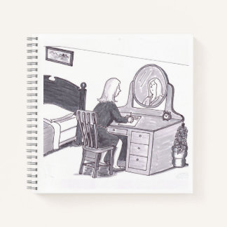 Woman Seated at Bedroom Desk with Mirror Writing  Notebook
