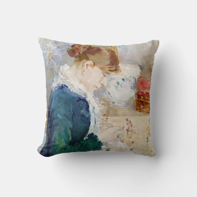 Woman Sewing, Berthe Morisot Throw Pillow (Front)