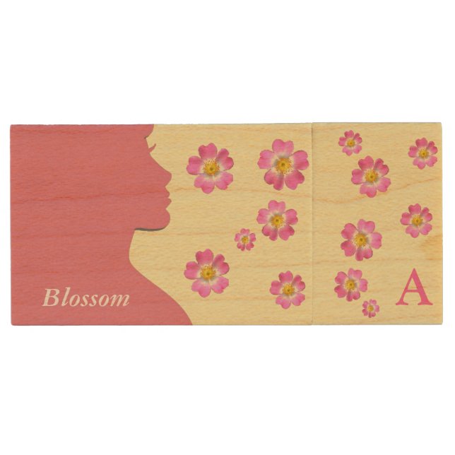Woman silhouette, flowers & calligraphy monogram wood flash drive (Front)