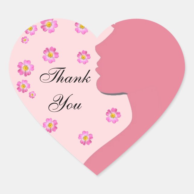 Woman silhouette, flowers on rose gold Thank You H Heart Sticker (Front)