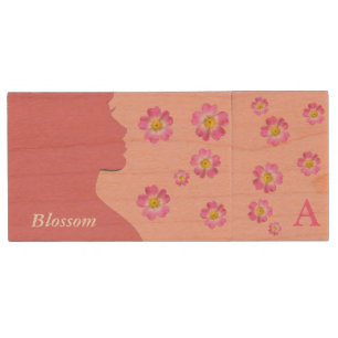 Woman silhouette, flowers & pink monogram wood flash drive