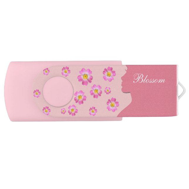 Woman silhouette, pink flowers, & calligraphy flash drive (Front)