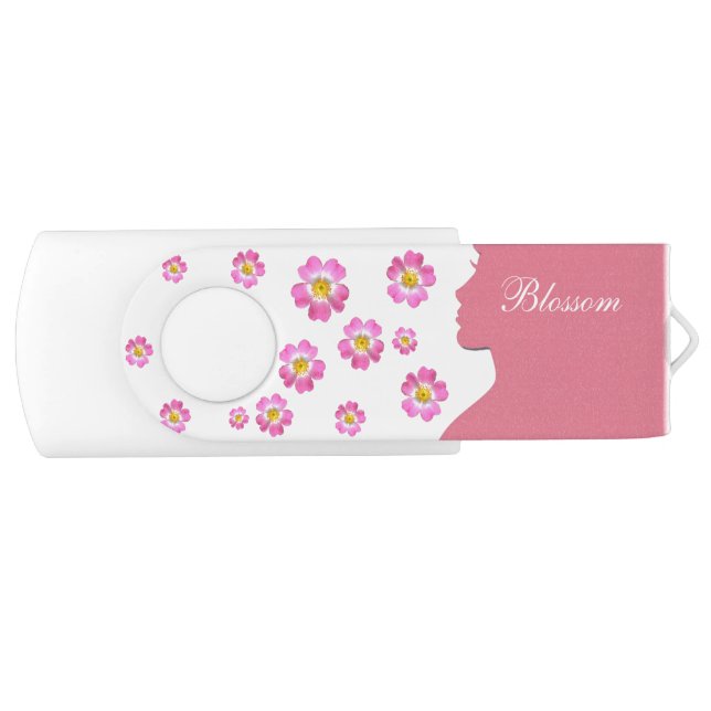 Woman silhouette, pink flowers, & calligraphy flash drive (Front)