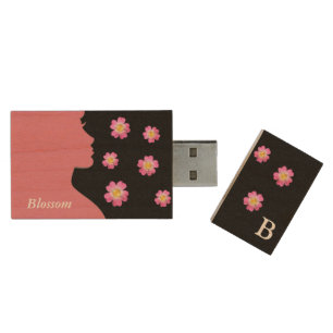 Woman silhouette, pink flowers & monogram on black wood flash drive