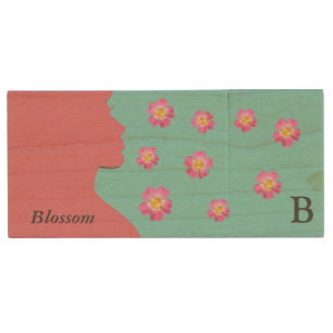 Woman silhouette, pink flowers & monogram on teal wood flash drive