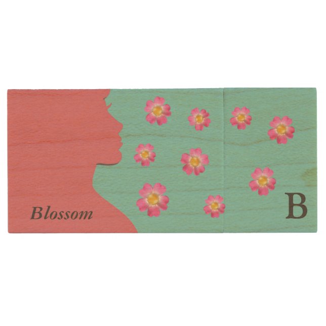 Woman silhouette, pink flowers & monogram on teal wood flash drive (Front)