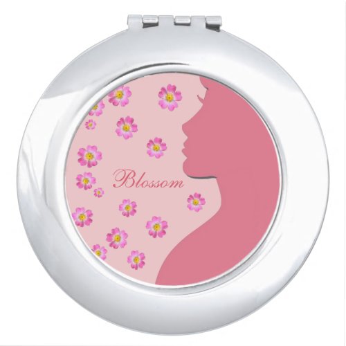 Woman silhouette  pink flowers on dusty rose compact mirror