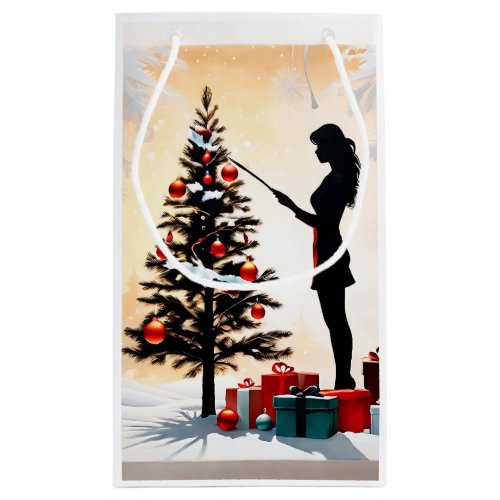 Woman Silhouette with Decorated Christmas Tree Small Gift Bag