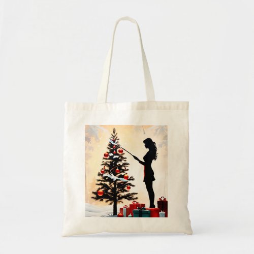 Woman Silhouette with Decorated Christmas Tree Tote Bag