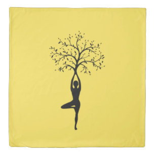 Woman Silhouette Yoga Tree Position Image Duvet Cover