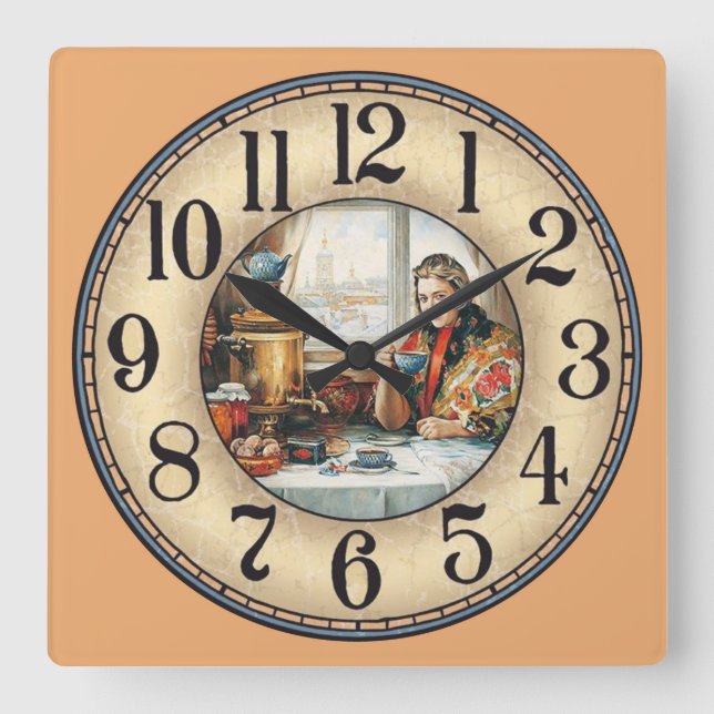 Woman Sipping Tea Square Wall Clock (Front)