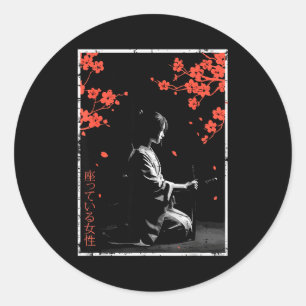 Woman Sitting Cherry Blossoms Japanese Art Women M Classic Round Sticker
