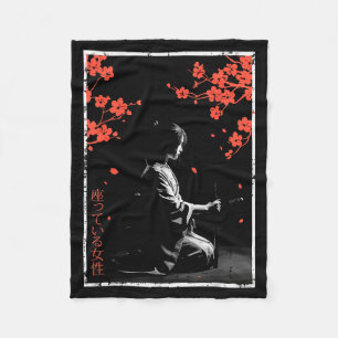 Woman Sitting Cherry Blossoms Japanese Art Women M Fleece Blanket