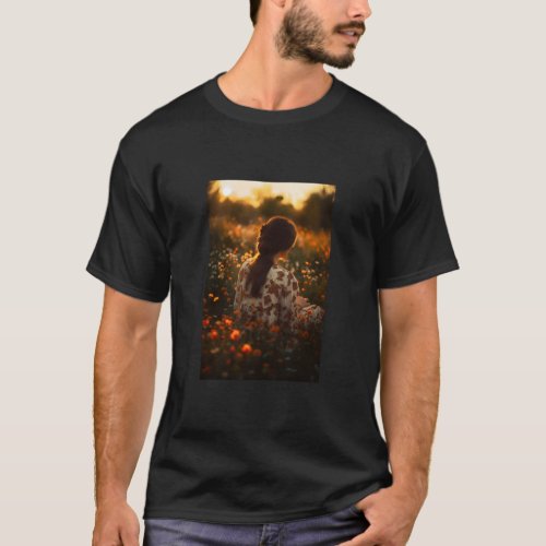 Woman Sitting in a Field of Wildflowers  T_Shirt