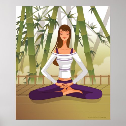 Woman sitting in lotus position meditating poster