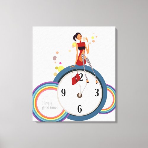Woman sitting on a clock and holding a tea cup canvas print