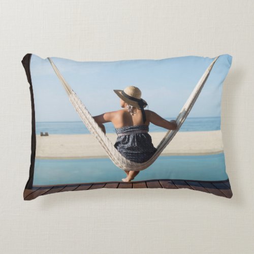 Woman Sitting On A Hammock At A Small Hotel Decorative Pillow