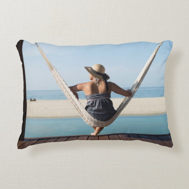 Woman Sitting On A Hammock At A Small Hotel Decorative Pillow (Front)