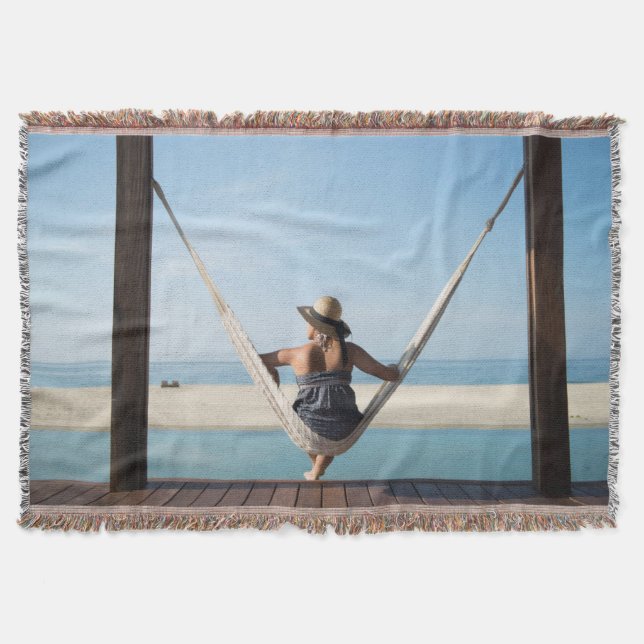 Woman Sitting On A Hammock At A Small Hotel Throw Blanket (Front)