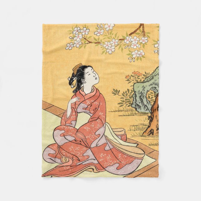 Woman Sitting Under Cherry Blossoms Fleece Blanket (Front)