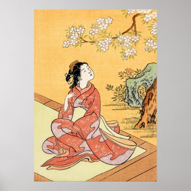 Woman Sitting Under Cherry Blossoms Poster (Front)
