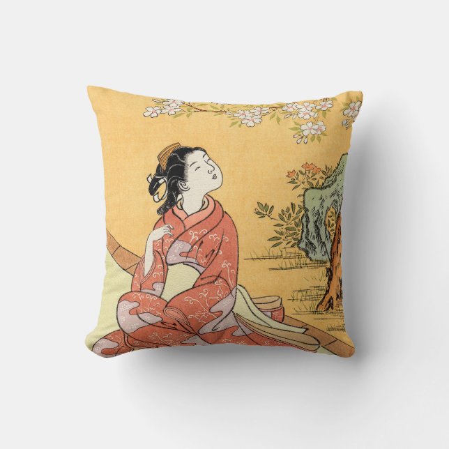 Woman Sitting Under Cherry Blossoms Throw Pillow (Front)