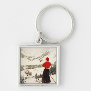 Woman Skier Overlooking Adelboden Poster Keychain