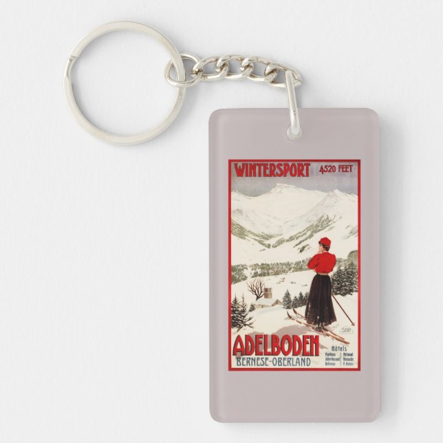 Woman Skier Overlooking Adelboden Poster Keychain (Front)