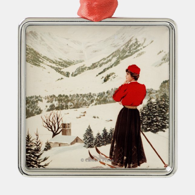 Woman Skier Overlooking Adelboden Poster Metal Ornament (Front)