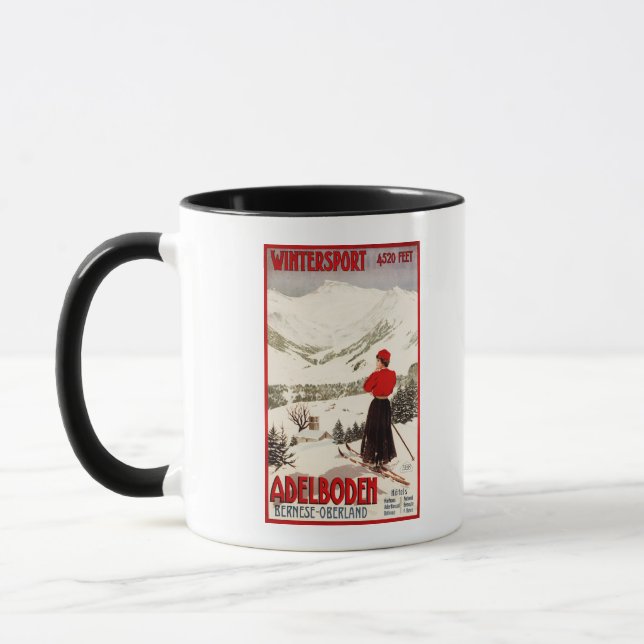 Woman Skier Overlooking Adelboden Poster Mug (Left)