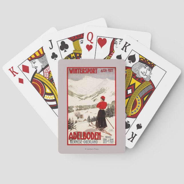 Woman Skier Overlooking Adelboden Poster Poker Cards (Back)