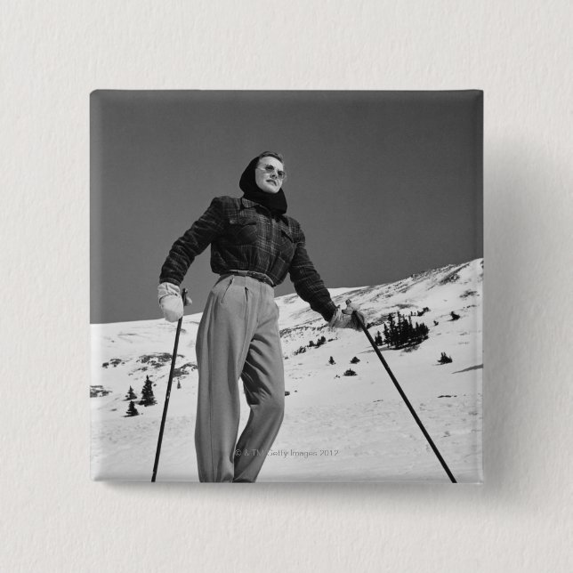 Woman Skier Pinback Button (Front)
