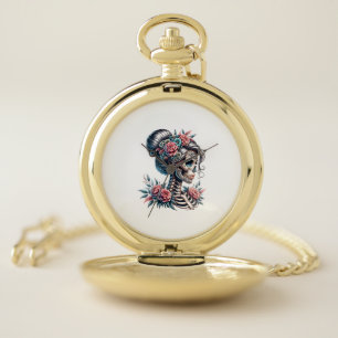 Woman Skull Dia De Los Muertos Skeleton Pocket Watch