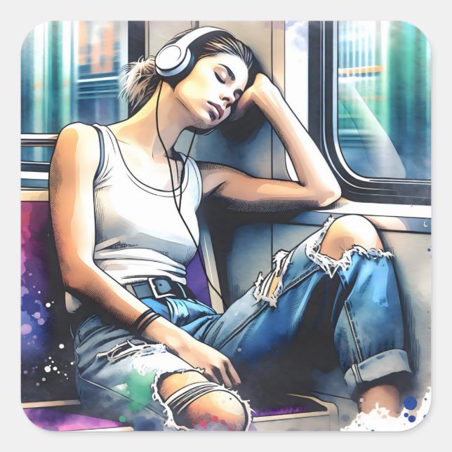 Woman Sleeping on the Subway Listening to Music Square Sticker (Front)