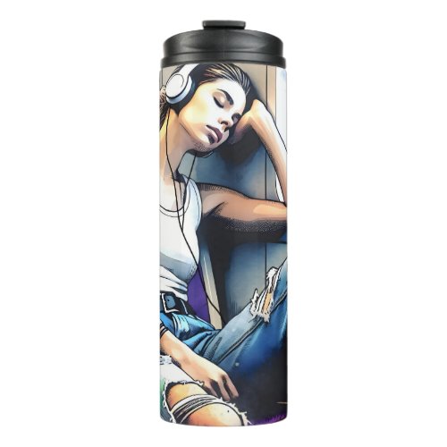 Woman Sleeping on the Subway Listening to Music Thermal Tumbler