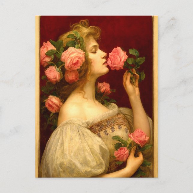 Woman Smelling A Rose Retro Victorian Era Postcard (Front)