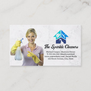 Woman Smiling Holding Cleaning Spray Business Card