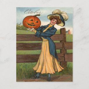 Woman Smiling Jack O' Lantern Pumpkin Farm Postcard