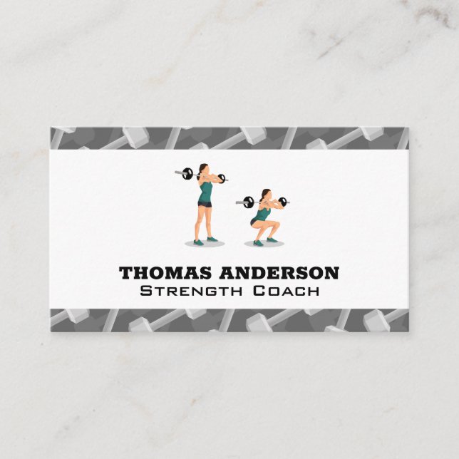 Woman Squatting Barbell | Dumbbells Pattern Business Card (Front)