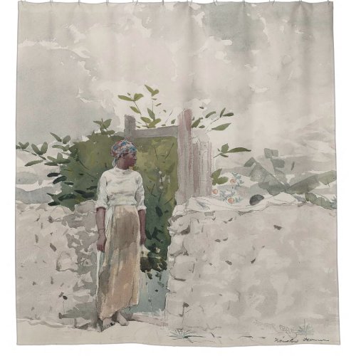 Woman Standing by a Gate Bahamas Shower Curtain
