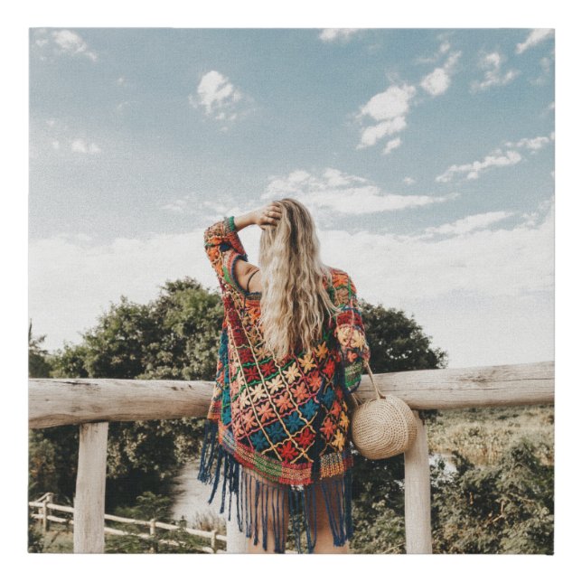 Woman standing on terrace faux canvas print (Front)