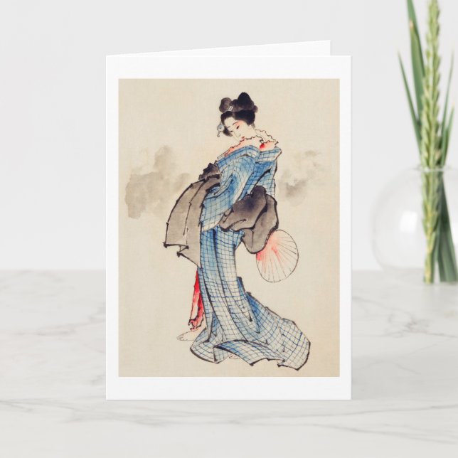 Woman Stands with a Fan, Hokusai Card (Front)
