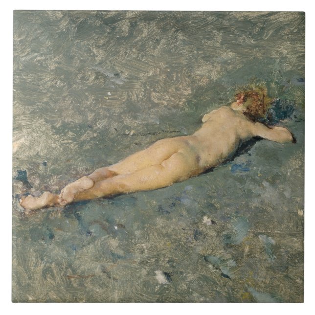 Woman Sunbathing on the Beach at Portici Ceramic Tile (Front)
