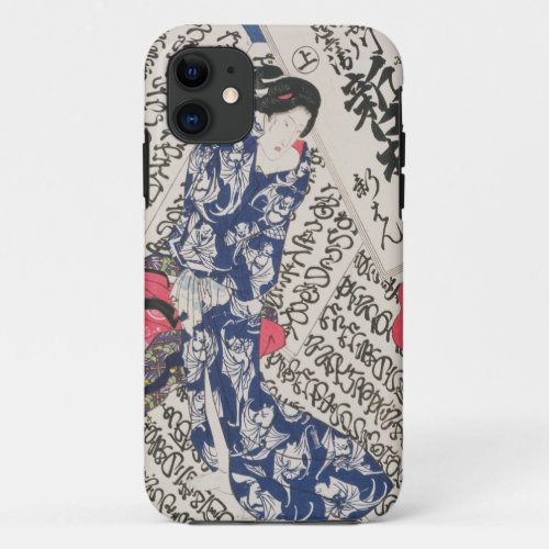 Woman surrounded by Calligraphy colour woodblock iPhone 11 Case