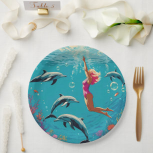 Woman Swimming Underwater With Dolphins Paper Plates