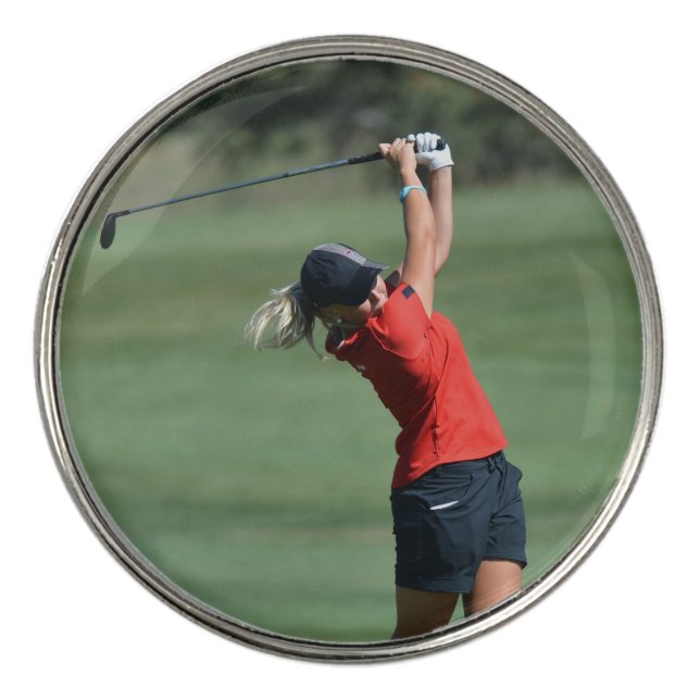 Woman swinging a Golf field Best Golf Ball Marker (Front)