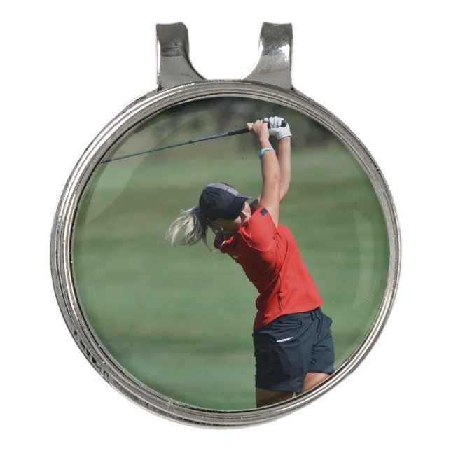 Woman swinging a Golf field Best Golf Hat Clip  (Front)