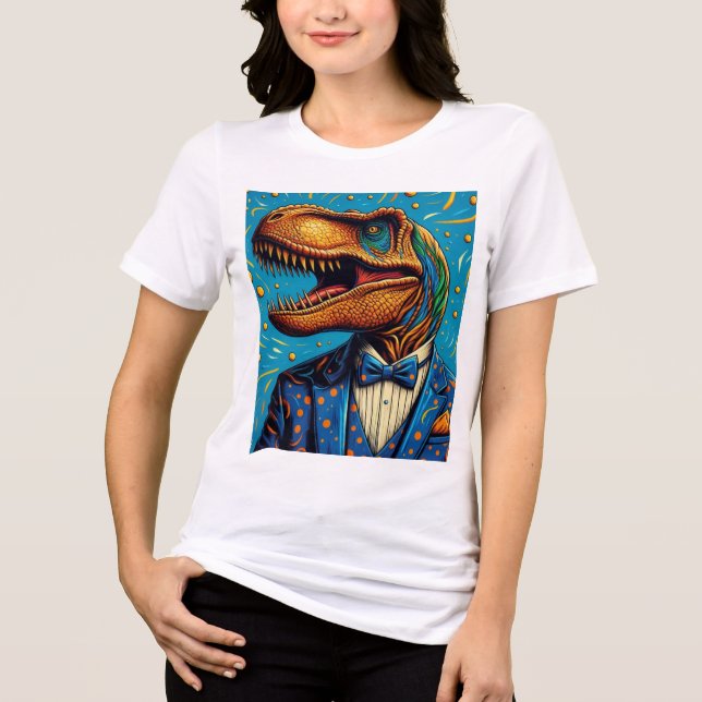 Woman T-Rex T-shirt in gala suit Tri-Blend Shirt (Front)