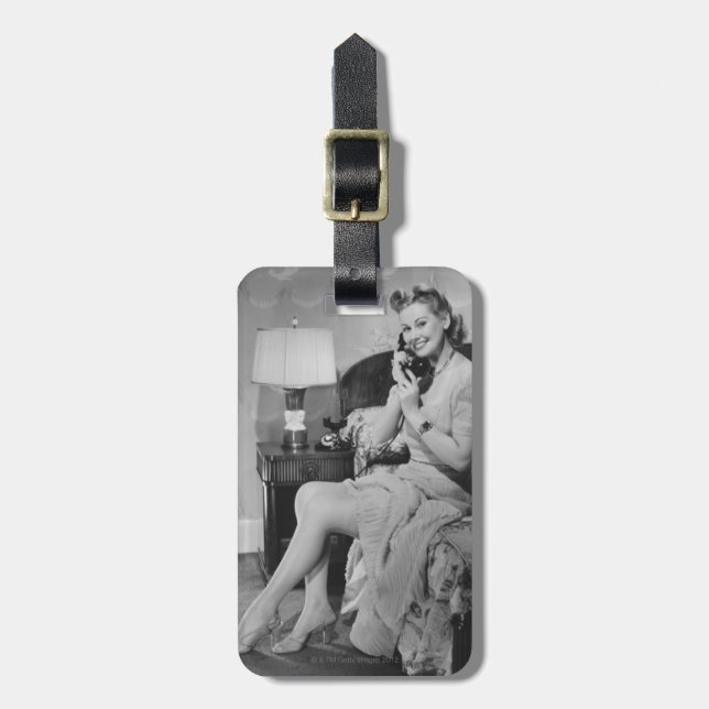 Woman Talking on Phone Luggage Tag (Front Vertical)