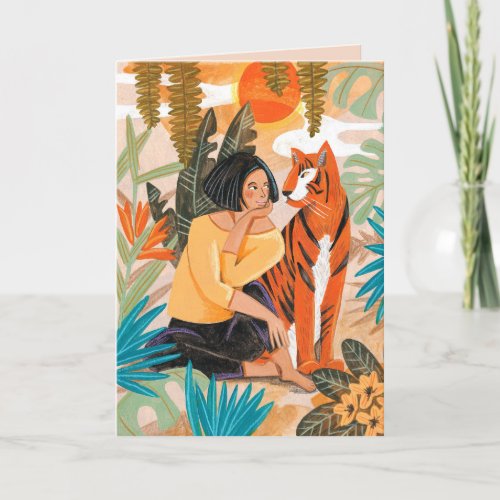 Woman  tiger jungle sunset holiday card